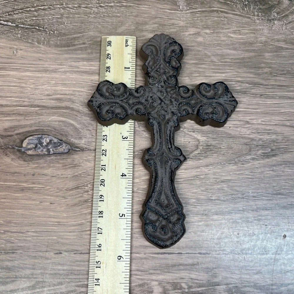 Cast Iron Wall Cross Ornate Fleur De Lis Scrollwork Rustic Church Heavy Set of 2